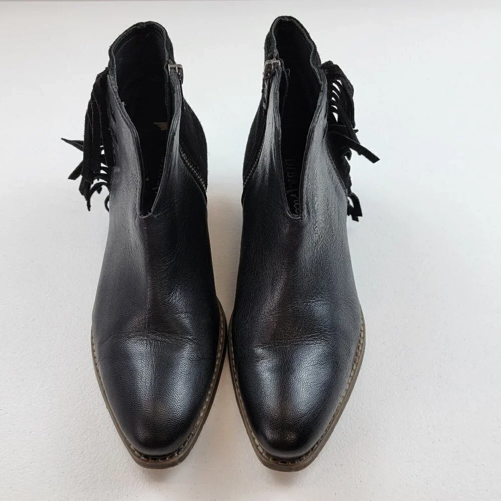 DIBA True Black Leather Fringe Bootie Women's 7.5 Block Heel 2